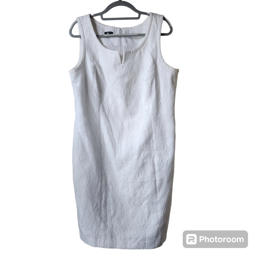 Talbots Dress Womens 16 White Jacquard Sheath Sleeveless Knee Length